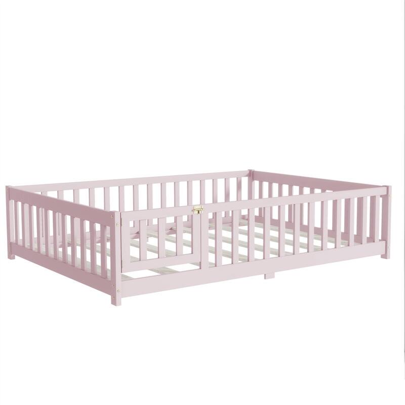 Twin/Full/Queen Size Floor Bed with Fence Guardrails and Door, Rubber Wood Toddler Bed Montessori Bed with Slats Support