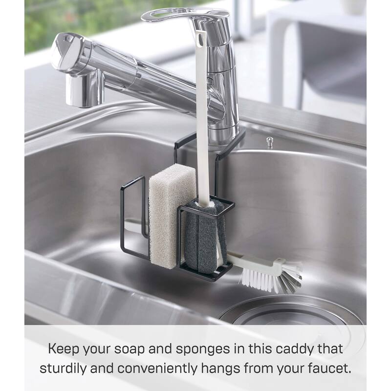 Yamazaki Home Faucet-Hanging Sponge and Brush Holder, Steel, Holds 1.1 lbs - L 6.89 x W 5.51 x H 5.12 inches