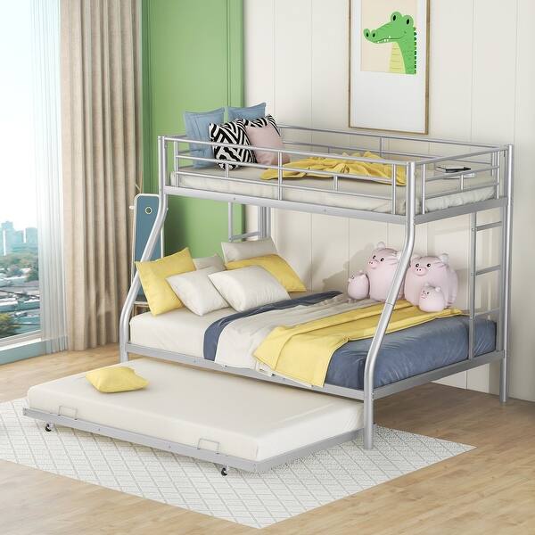slide 2 of 3, Twin Over Full Steel Bunk Bed with Twin Trundle, Two-Side Ladders, and Guardrails Gray