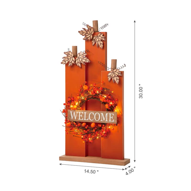 Glitzhome Fall Lighted Wooden Welcome Porch Decor w/Wreath