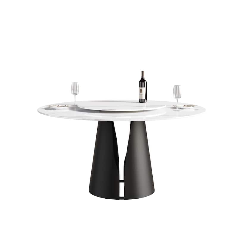 59" Round Slate Dining Table, White Marble Top with Black Metal Pedestal