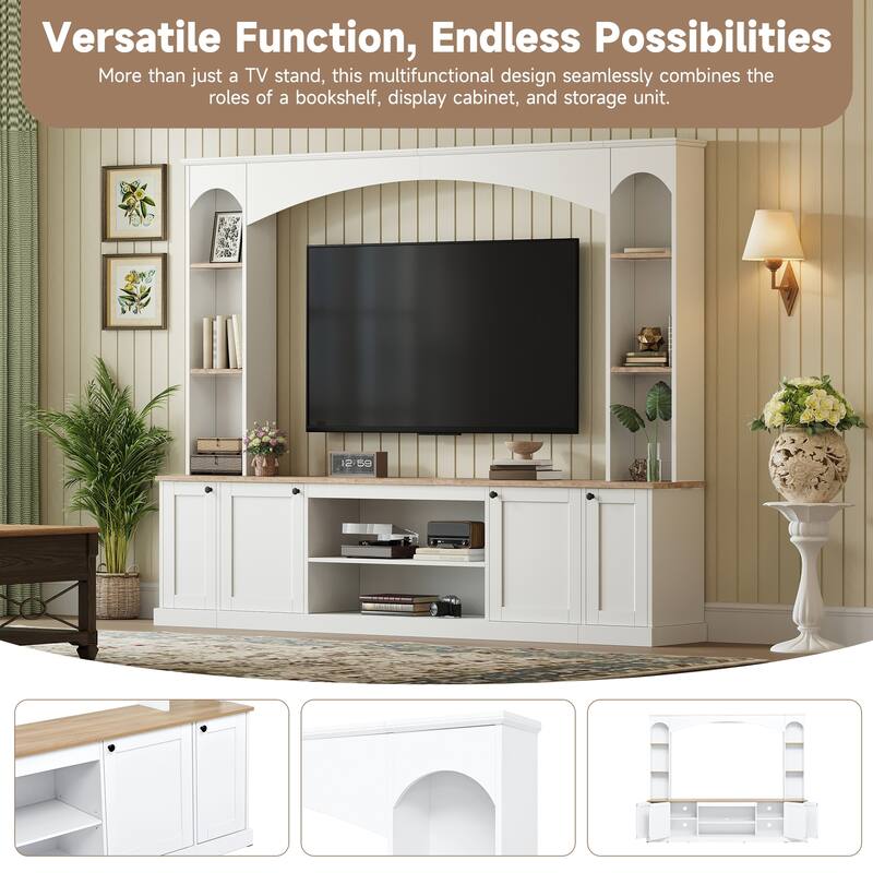 Arched Entertainment Center Wall Unit with Bookshelf & Storage Cabinet, TV Stand Media Console for TVs Up to 70"