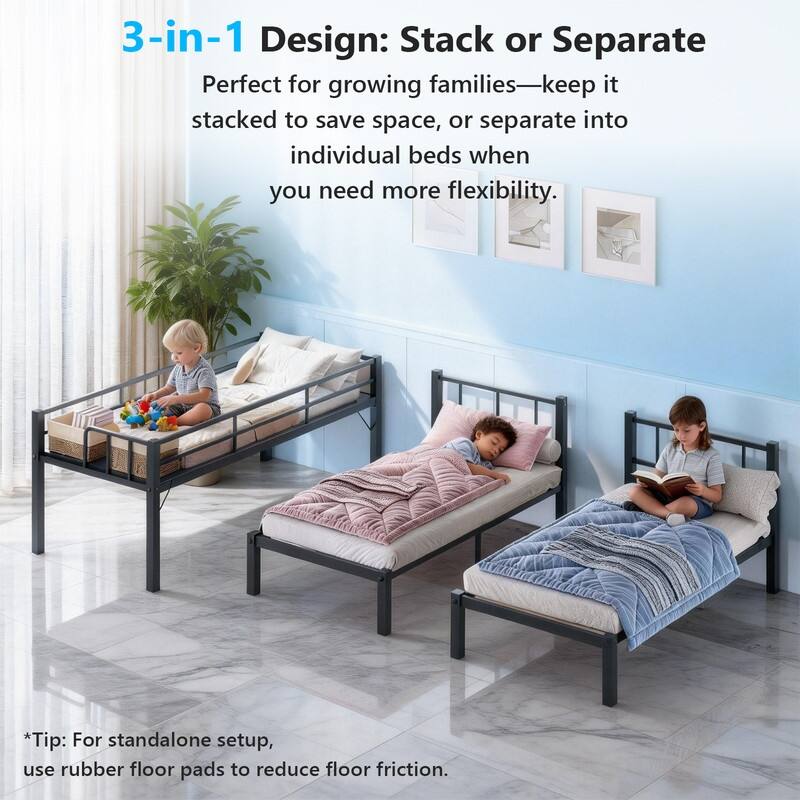 Metal Triple Bunk Bed Twin Over Twin Over Twin,3 Bunk Beds with Shelves for Kids,Teens and Adults,Heavy Duty,Black