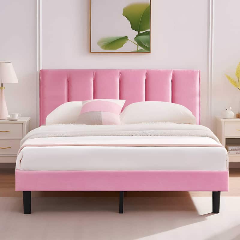 Javlergo Velvet Upholstered Platform Bed Frame with Adjustable Headboard - Pink - Queen