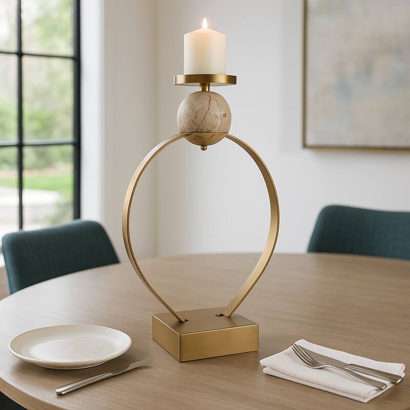 Candle Holder - Metal with Marble Sphere - Gold/ Metallic - 26.0"