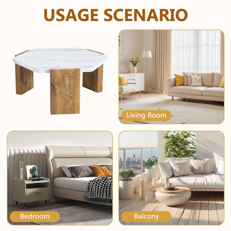Faux Marble Top Hexagon Coffee Table Cocktail Table with Wooden Triangular Base