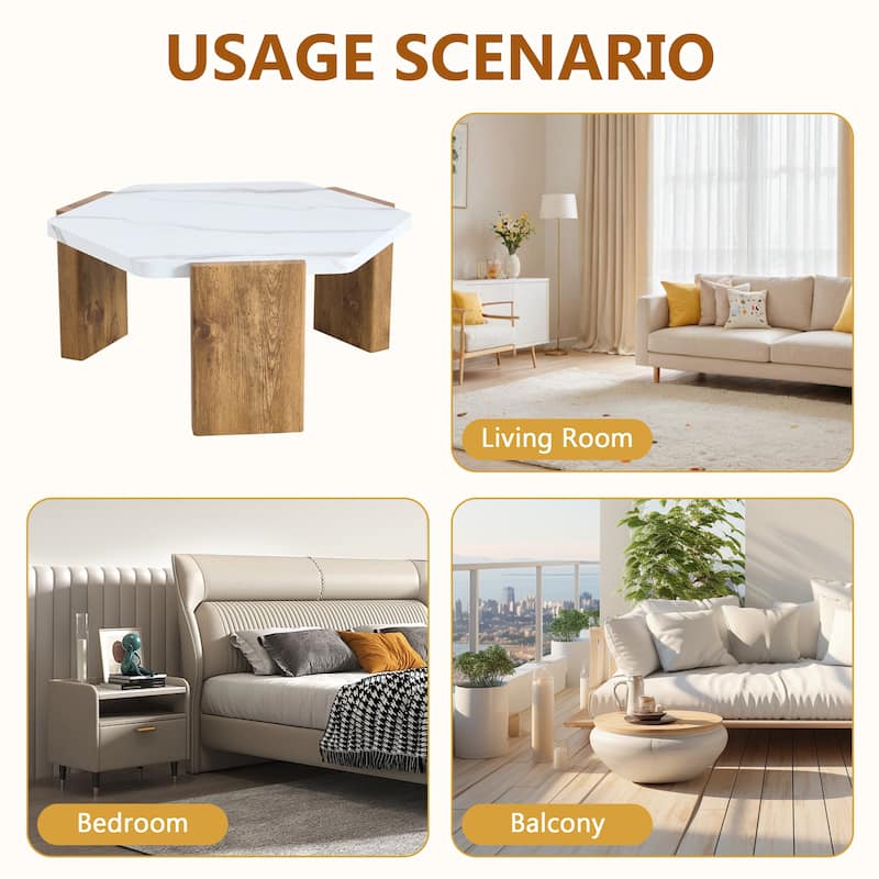 Roomfitters 31" White Marble Textured Pentagonal Coffee Table with Triangular Wood Base, White