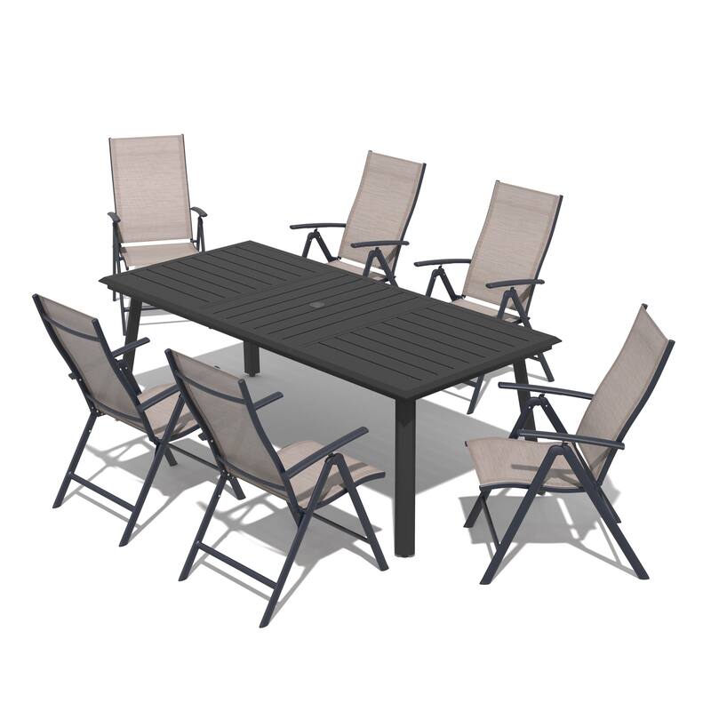7PCS Outdoor Dining Set Aluminum Dining Table with Umbrella Hole and Adjustable Folding Chairs