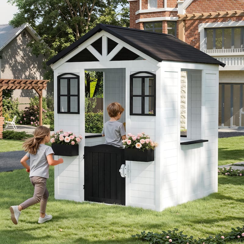 Wooden Adventure Cottage Playhouse for Kids with Working Door, Windows, Service Station, and Flower Pot Holders