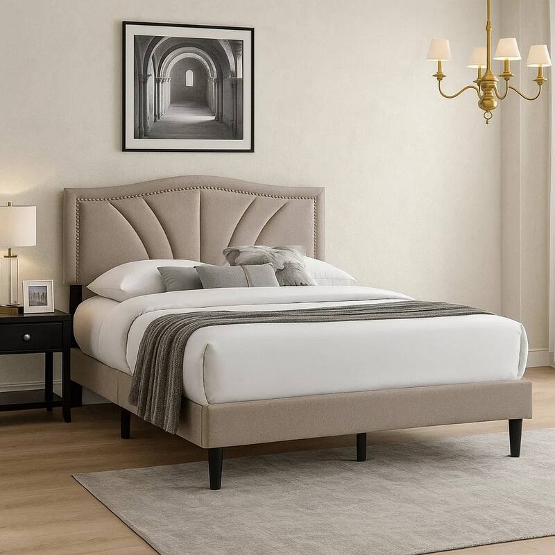 Carie Full Bed, Light Brown Burlap Upholstery, Padded Headboard