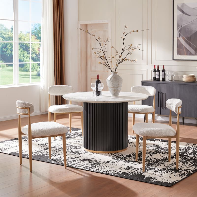 Modern Round Dining Table with Black Metal Base and Golden Trim
