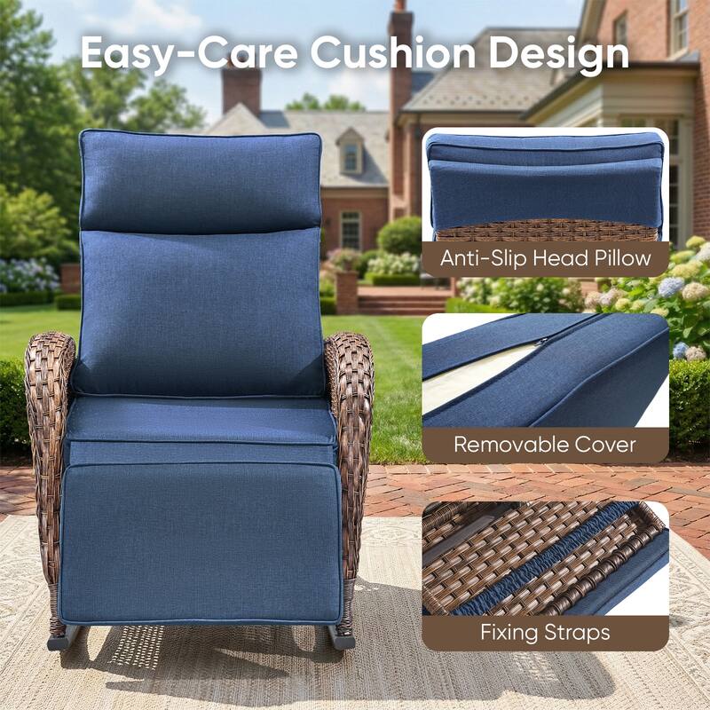 Pocassy Patio Versatile Outdoor Recliner Rocker Chair Table with Thick Cushion