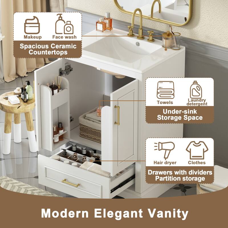 Bathroom Vanity with Ceramic Sink, Freestanding Bathroom Cabinet with Double Shelf, 1 Divided Drawer & 2 Soft Close Doors