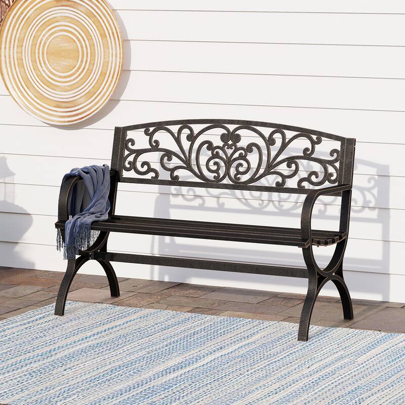 MAISON ARTS Garden Bench Cast Iron Steel Frame 50 Inch Flower Pattern Bench - Apple Blossom (Bronze)