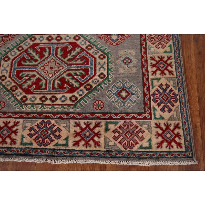 Gray Geometric Kazak Foyer Rug Hand-Knotted Wool Carpet - 3'5" x 4'11"