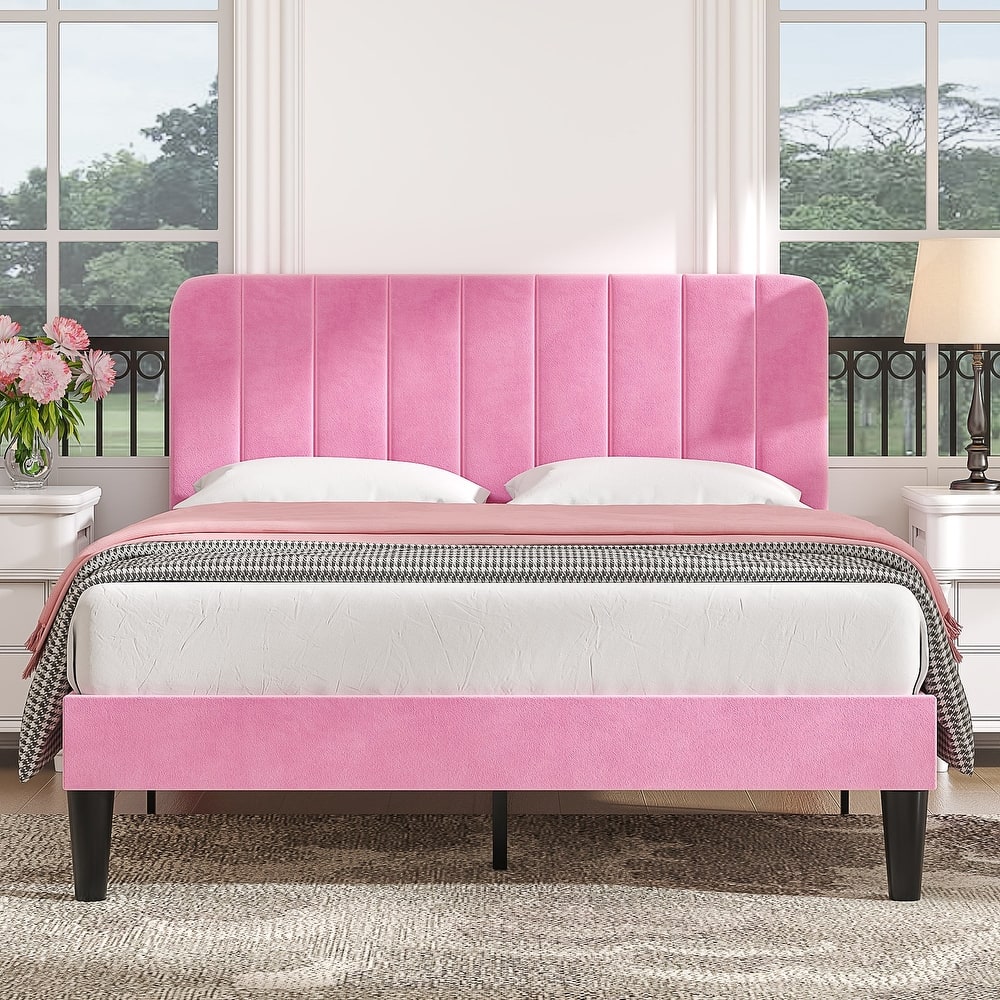VECELO Modern Upholstered Platform Bed Frame with Adjustable Velvet Headboard Under-Bed Space for Storage No Box Spring Needed