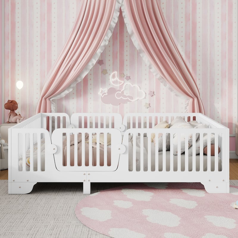 Full/Twin Montessori Floor Bed with Slats, Fence and Door, No Box Spring Needed