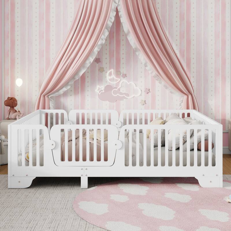 Montessori Floor Bed with Detachable Door, No Box Spring Needed, Kids Platform Bed with Slats and Fence