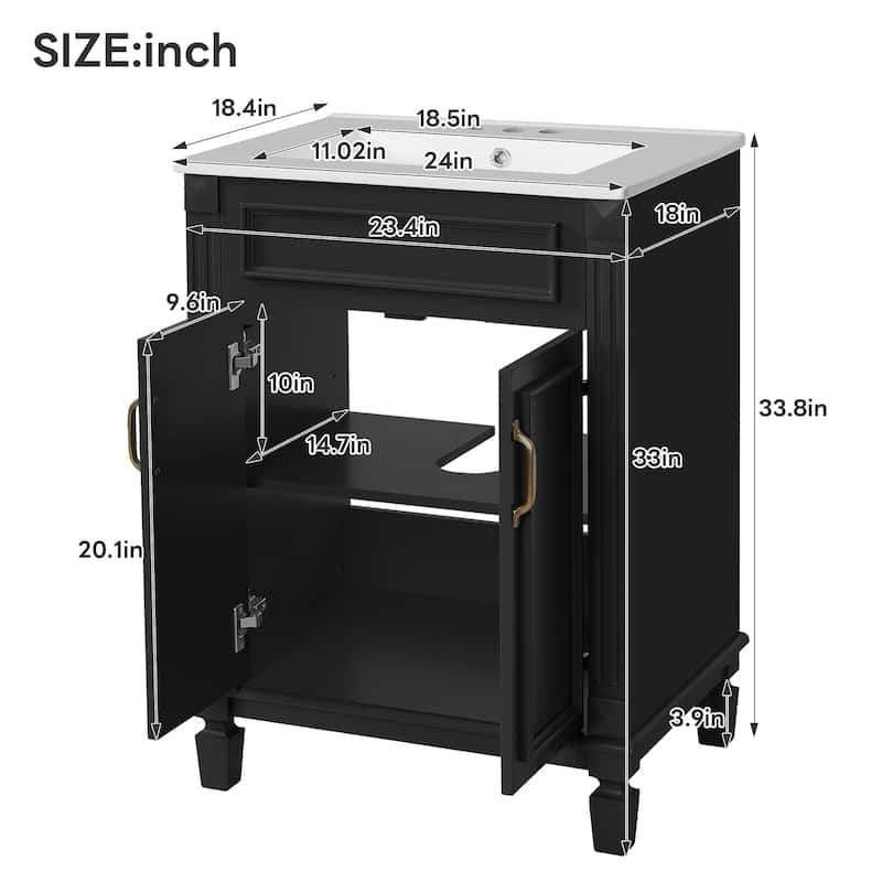 24'' Bathroom Vanity with Sink, Solid Wood Frame, Modern Storage Cabinet with 2 Soft-Close Doors & Shelf