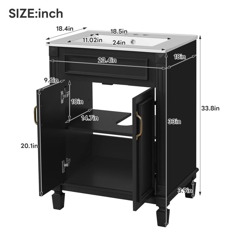 Roomfitters 24" Bathroom Vanity with Sink, Wood Frame Freestanding Bathroom Cabinet with Adjustable Shelf and Soft-Closing Doors