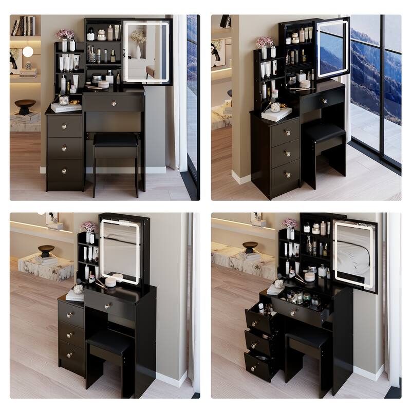 Compact 29.2" Bedside Vanity Set with LED Mirror and Storage