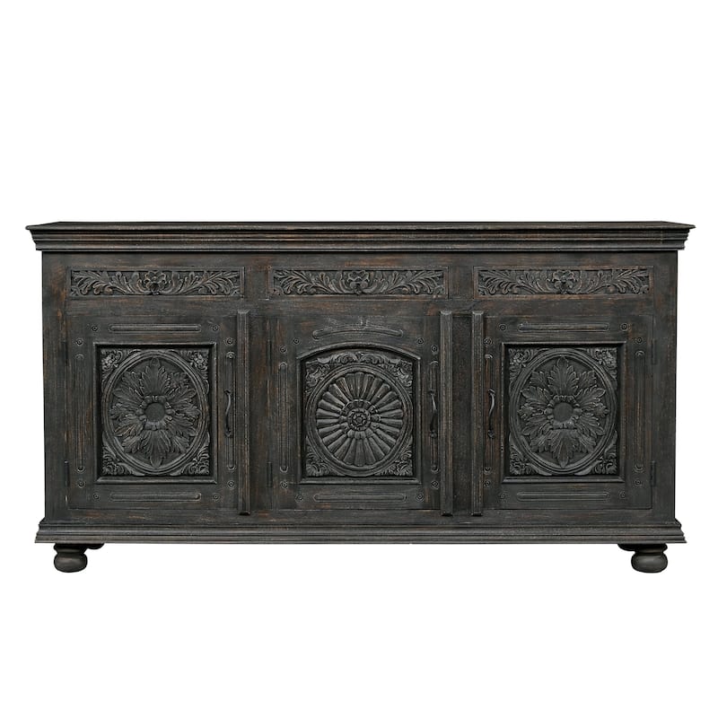 Florence Handcrafted Solid Wood Sideboard with Carved Floral Storage - Black