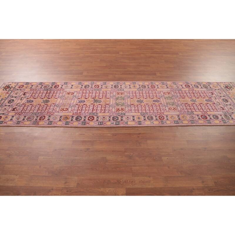 Tribal Pink Geometric Khotan Oriental Runner Rug Handmade Wool Carpet - 2'5"x 9'11"