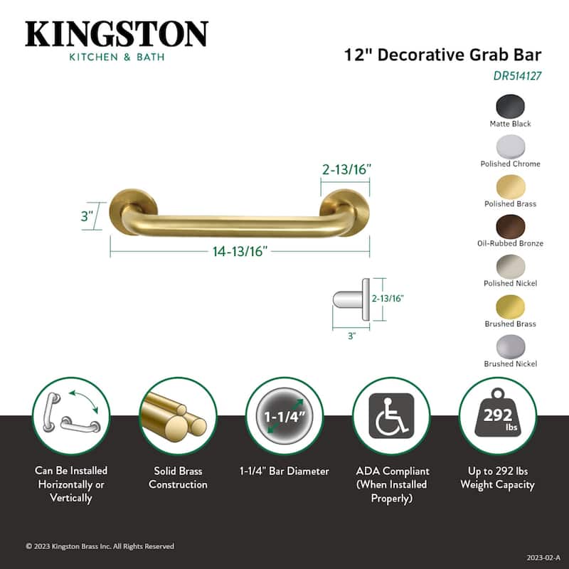 Kingston Brass Meridian 12-Inch x 1-1/4-Inch O.D Grab Bar