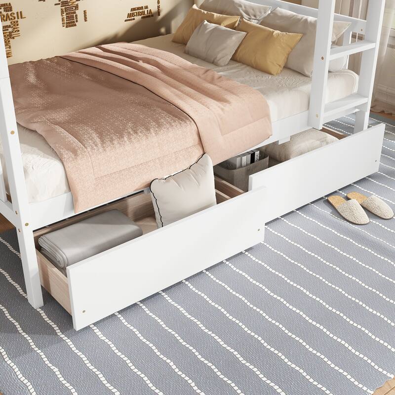 Convertible Twin Bunk Bed with 2 Drawers, Safety Rails & Ladder, White Rubber Wood Frame