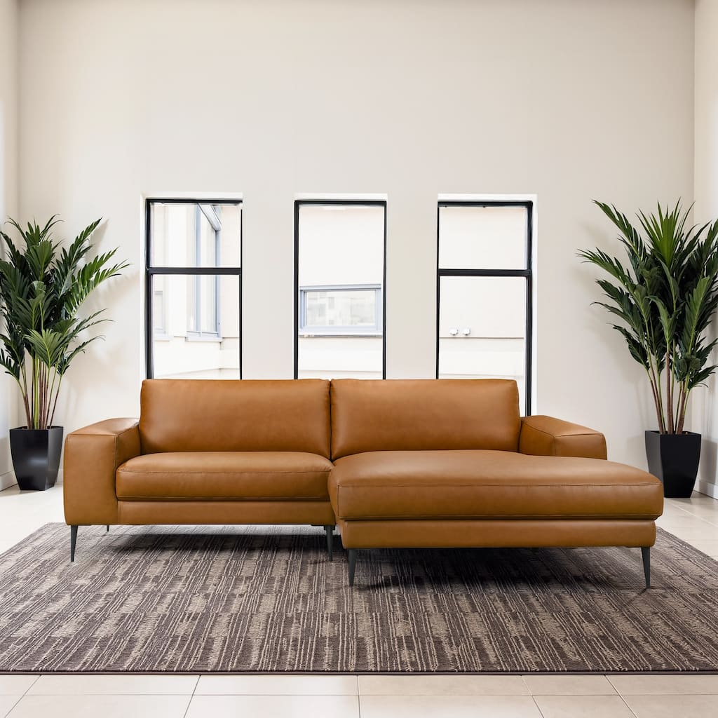 Afton Mid Century Modern Vegan Leather Wide-Arm Sectional in Cognac