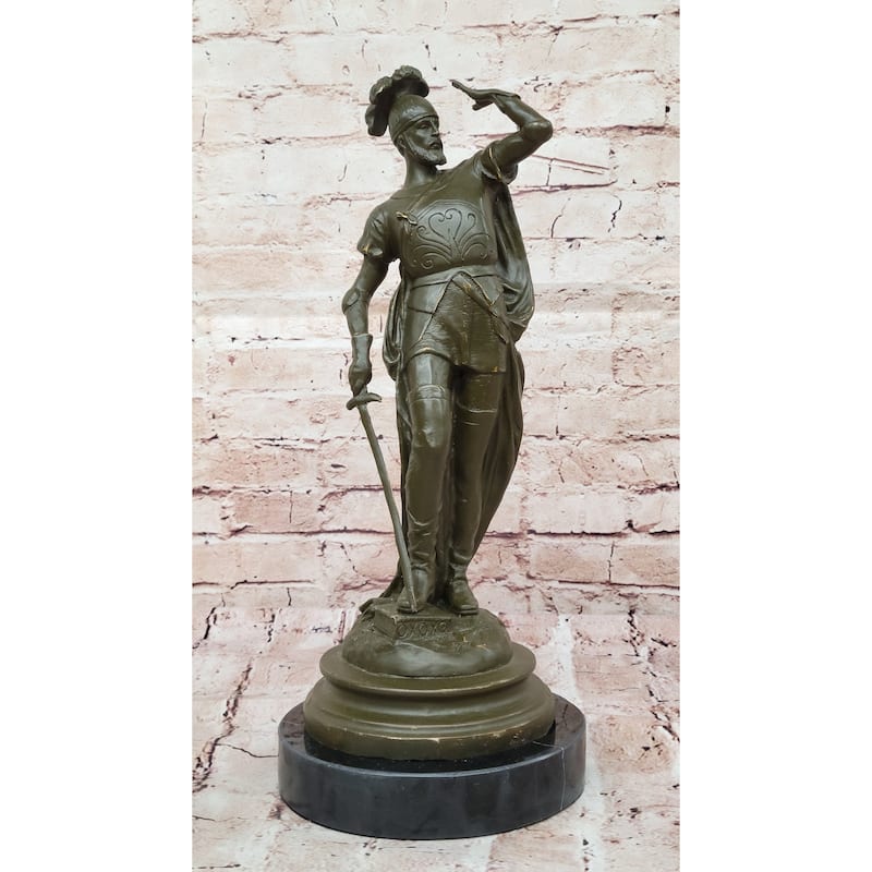 Spanish Conquistador Bronze Sculpture With Sword - Historical Military Explorer Art