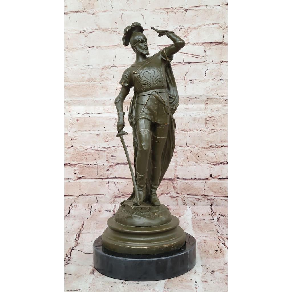 Spanish Conquistador Bronze Sculpture With Sword - Historical Military Explorer Art