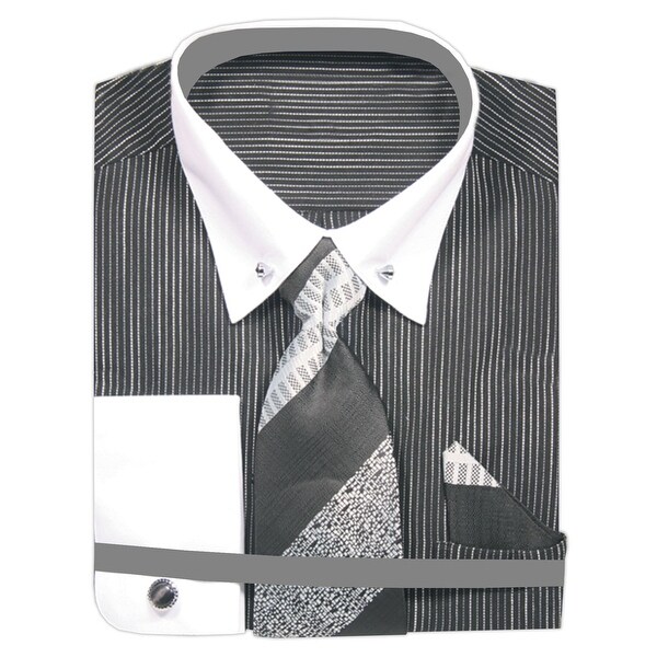mens black and white striped dress shirt with white collar
