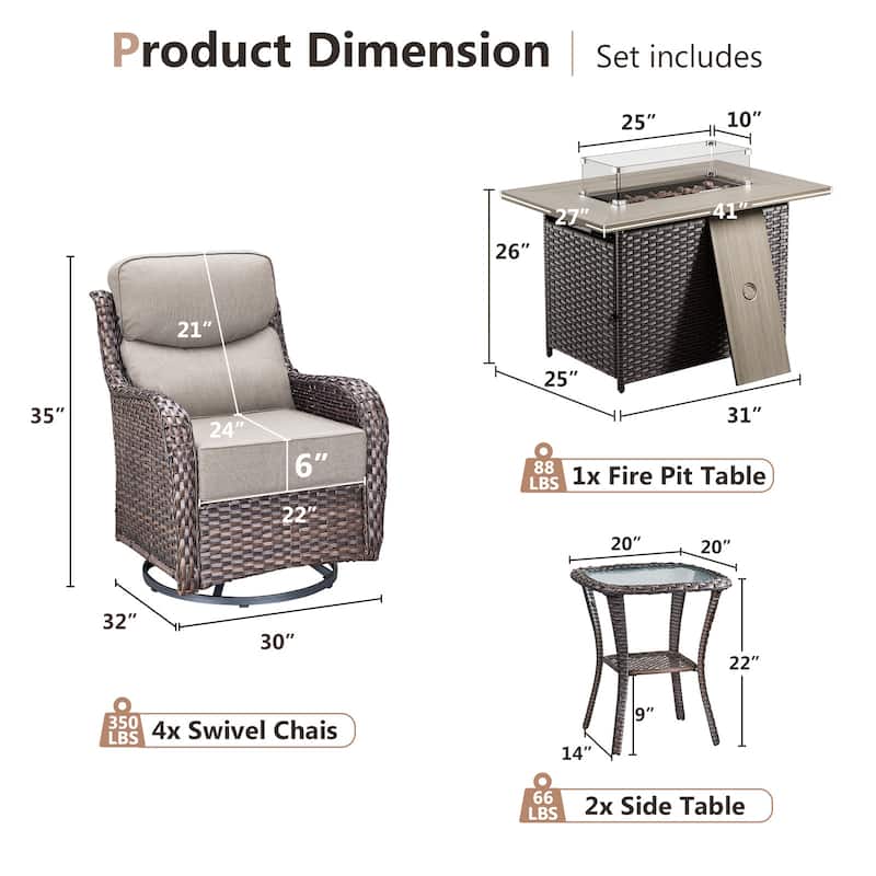 Pocassy Outdoor 6 Inch Sofa Swivel Chairs with Fire Pit Table Set
