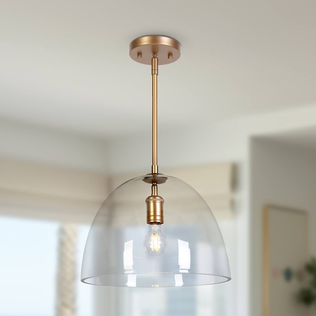 Modern Gold 1-Light Bell Pendant Light for Kitchen Island with Clear Glass Shade - 13.7" W x 10.6" H