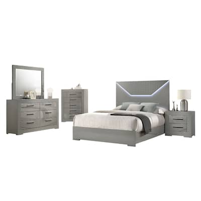 Ivon 5pc Queen Bedroom Set, Diamond Embossed, Gray High Gloss, LED
