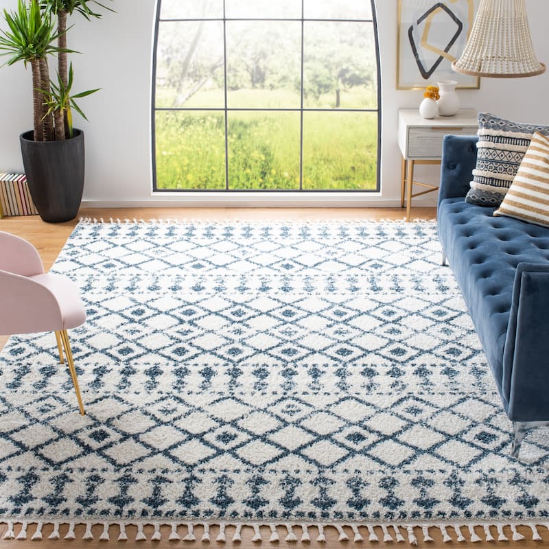 SAFAVIEH Berber Fringe Mirveta Liller Trellis Area Rug - 8' x 10' - Cream/Blue