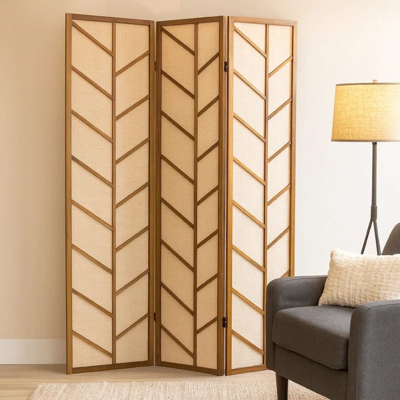 3 Panel Screen with Jute Linen Fabric and Wooden Frame, Brown and Beige