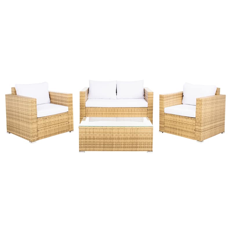SAFAVIEH Outdoor Patio Furniture Natalee Wicker 4-Piece Conversation Set - 50W x 27D x 28H - Natural/White