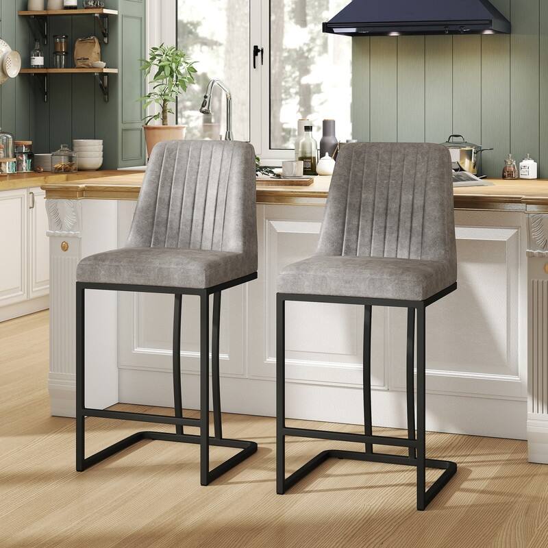 24.8 Inches Modern Cushion Counter Height Bar Stools with Metal Frame Set of 2 - Grey-2-Piece
