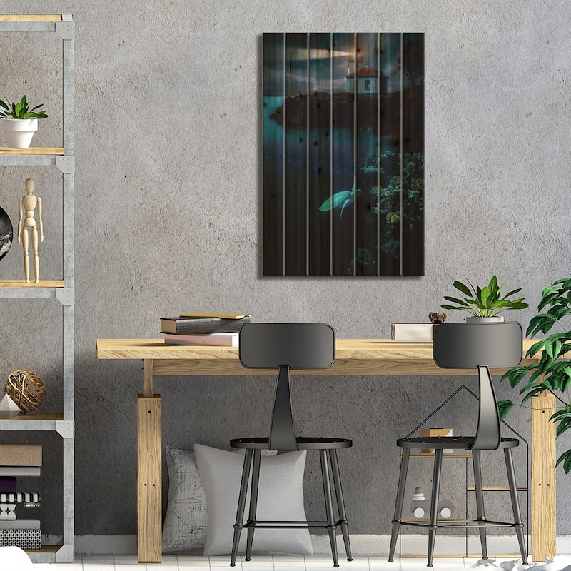 Turtle In The Corals And Lighthouse Print On Wood by GEN Z - Multi-Color