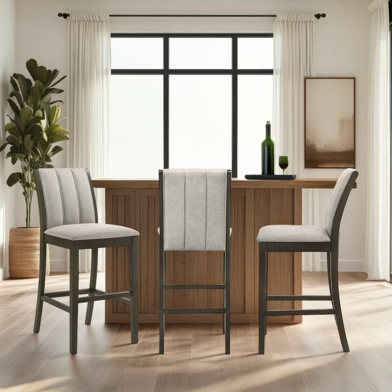 Nolan 26 in. Dark Roast Counter Height Rubberwood Barstool with Grey Fabric Seat - Set of 2