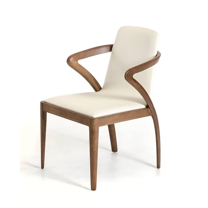 Brown Solid Wood Dining Arm Chair with Cream Faux Leather and Solid Back - 20" L X 23" W X 32" H - Cream-Brown