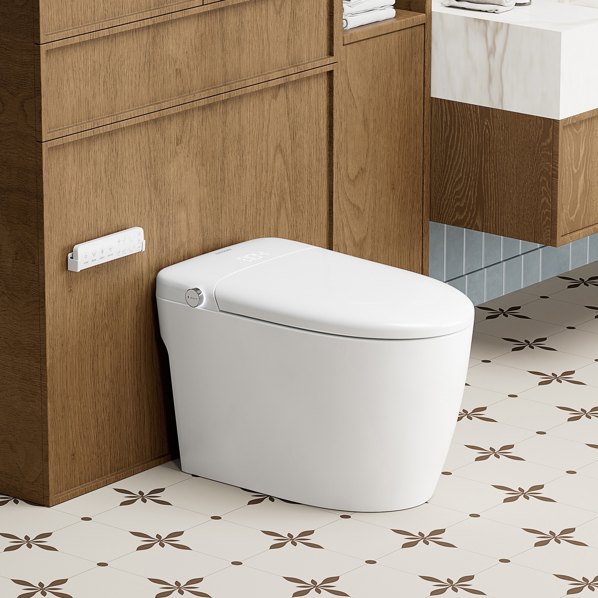 Madrid Smart Toilet Bidet Combo in White with LED Display, Remote, Off-Seat Auto Flush, Heated Seat and Warm Air Dryer
