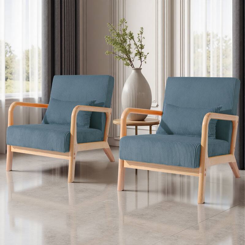 2 Set Upholstered Lounge Arm Chair with Pillow - Set of 2 - Corduroy-Blue