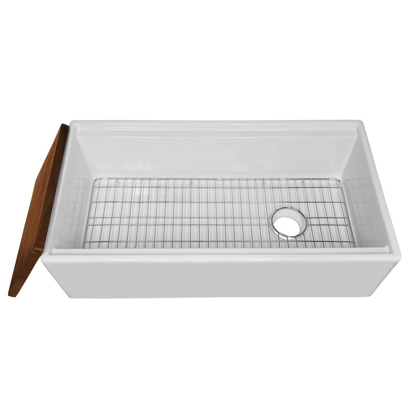 36" Reversible Single Bowl Fireclay Sink Set with a Smooth Front Apron, Walnut Wood Cutting Board and Stainless Steel Grid