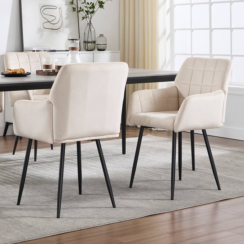 Modern Velvet Dining Chair Upholstered Kitchen Chair with Armrests and Curved Back, for Dining Room, Cream, Set of 2
