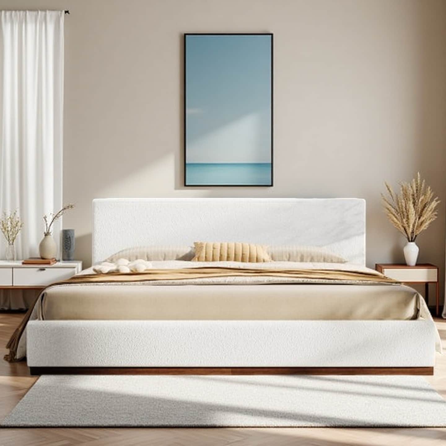 King Size Upholstered Bed with Solid Wood Base, Elegant White Fabric, Durable Wooden Slats, Sturdy Support