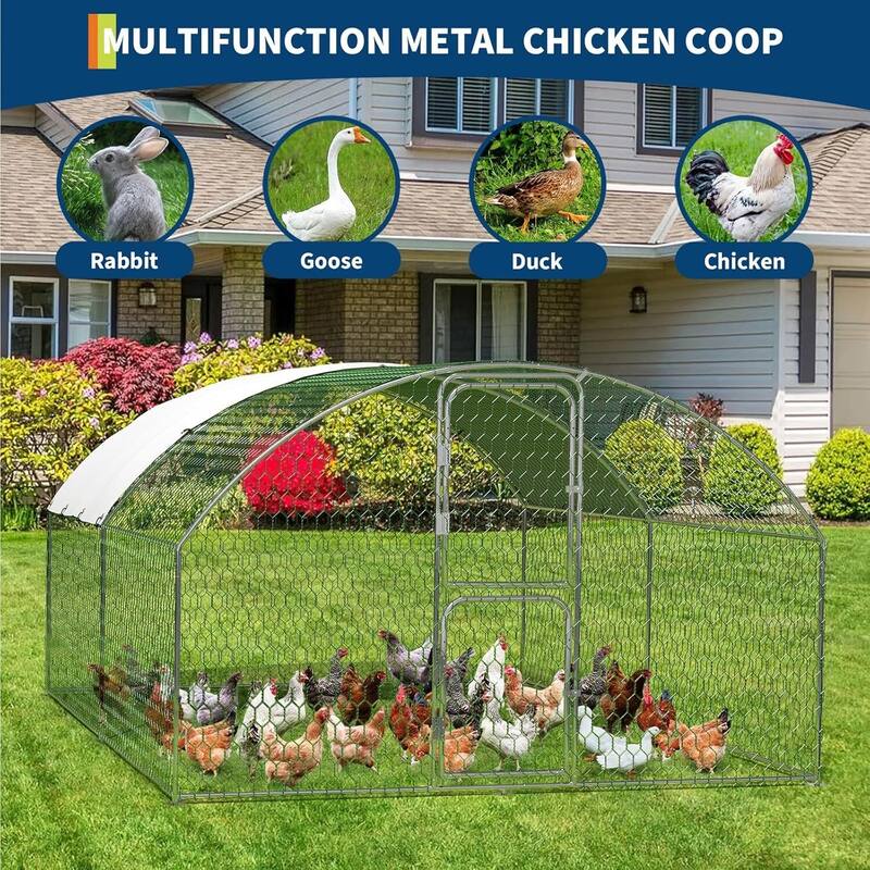 Chicken Coop, Walk-in Poultry Run Pen with Waterproof Anti-UV Cover for Backyard, Farm