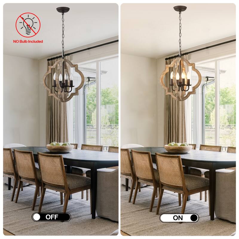 Cusp Barn 4-Light Wood Farmhouse Chandelier, Rustic Dining Room Light Fixture Over Table, Vintage Hanging Pendant Light